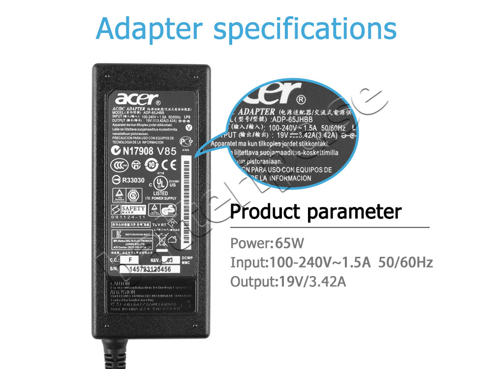 Original 65W AC Adapter Laddare Gateway NV570P13u-21174G50Dnik