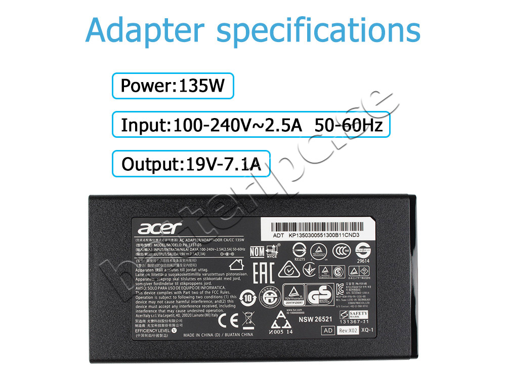 135W AC Adapter Laddare Acer Aspire V15 Nitro VN7-592G + Kabel